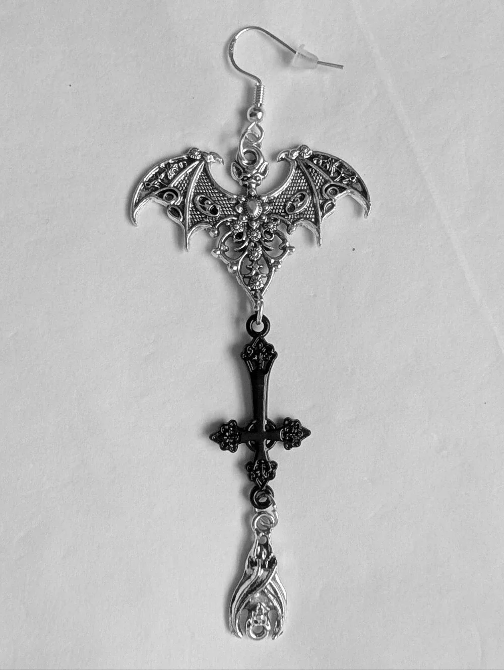 NWT Large Handmade Silver Double Bat Dangly Inverted Cross Earrings